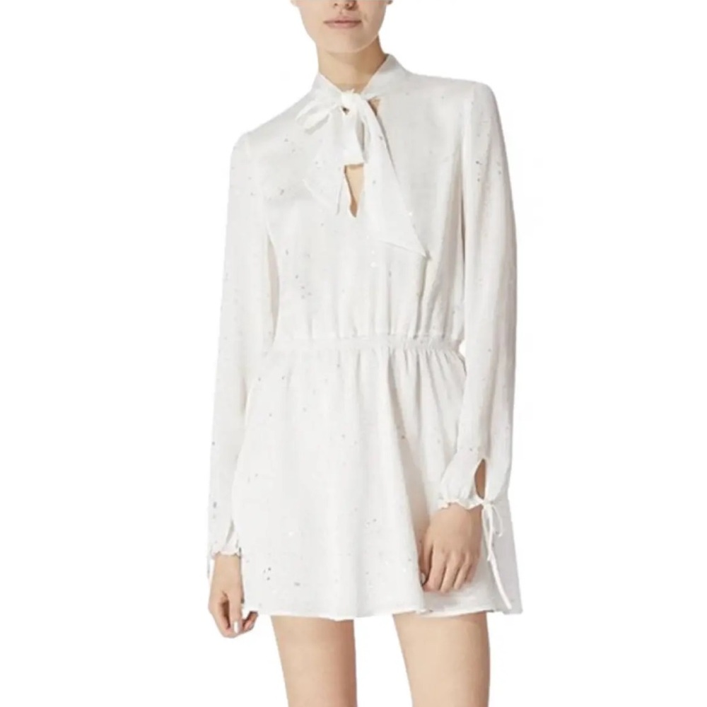 NWOT! Avec Les Filles Long Sleeve Metallic Splatter Tie Crinkle Mini Dress White